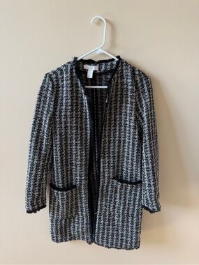 H&M Black and White Tweed Open-Front Blazer Jacket